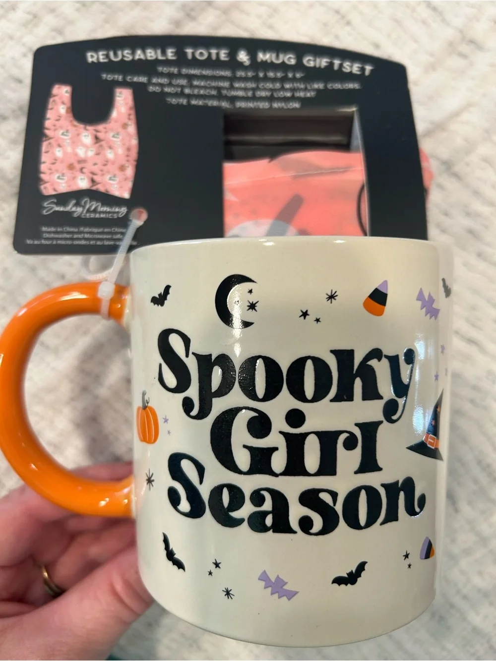 Brand New Spooky Girl Season Reusable Tote & Mug Gift Set - Orange & Cream